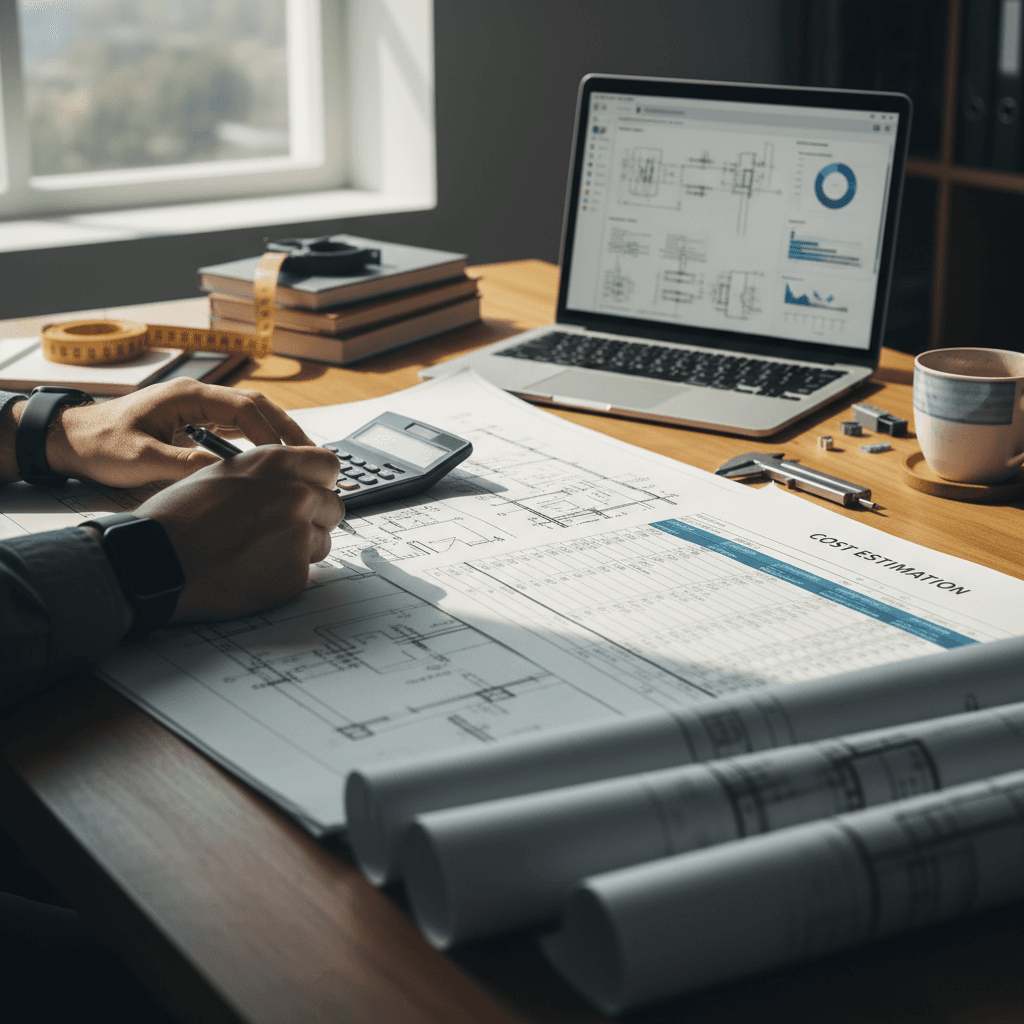 Electrical engineer's hands analyzing blueprints and cost estimates using calculator and technical pen at wooden desk