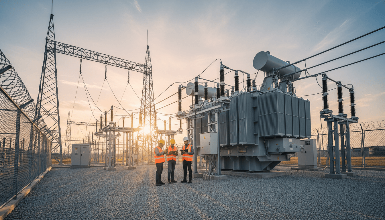 Engineering team inspecting high-voltage substation transformer equipment and power distribution infrastructure during golden hour