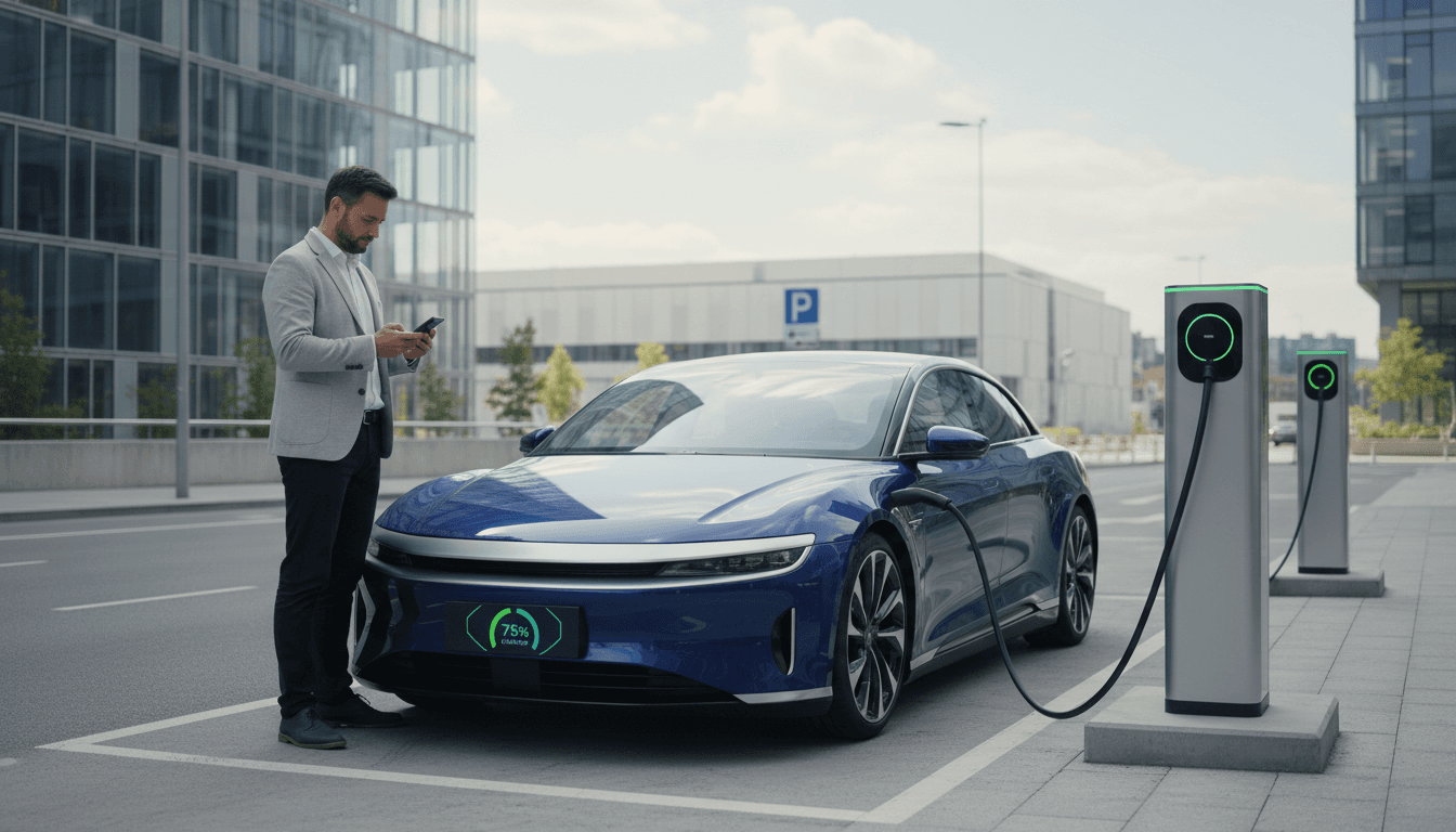 EV driver checking charging app on smartphone while parked at modern public charging station in urban garage